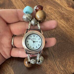 GENEVA Turquoise & Brown Beaded Stretch Watch